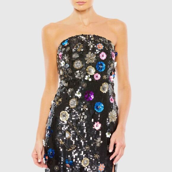Mac Duggal Size 16 Black Floral Sequined Strapless Column Long Maxi Dress Gown - Picture 6 of 7